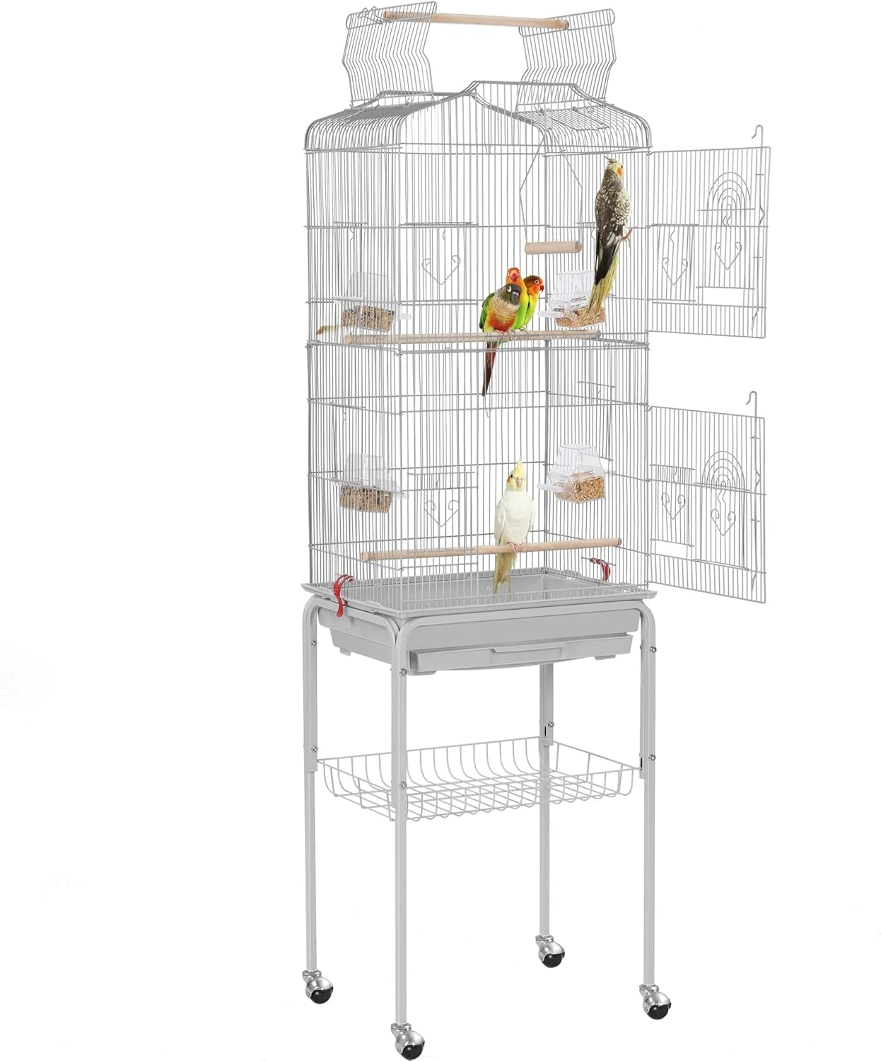 64-Inch Open Play Top Bird Cages for Parakeets Cockatiels Finches Lovebirds Canaries Conures Budgies Parrot Birdcage W/Detachable Rolling Stand, White
