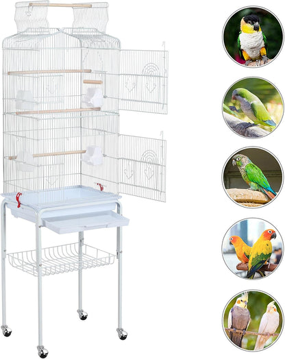 64-Inch Open Play Top Bird Cages for Parakeets Cockatiels Finches Lovebirds Canaries Conures Budgies Parrot Birdcage W/Detachable Rolling Stand, White