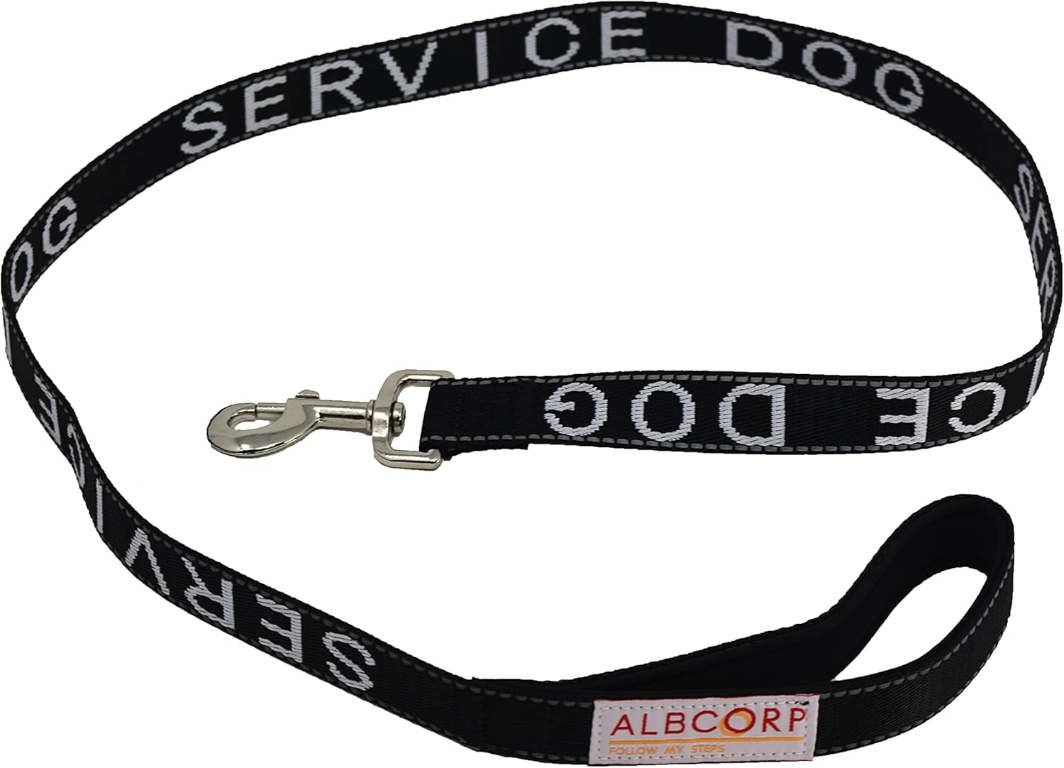Service Dog Leash - Embroidered- with Padded Neoprene Handle and Reflective Threads, 4 Feet, for Harnesses, Vests or Collars, Black