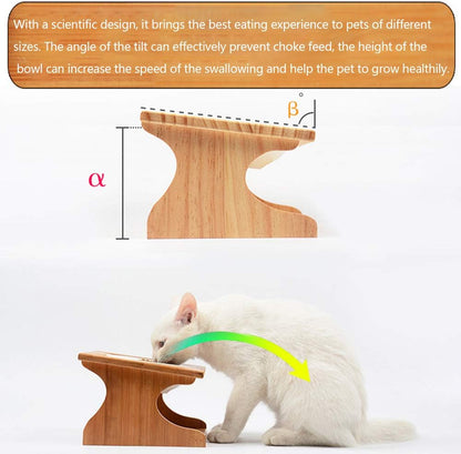 Cat Bowls Pet Dining Table with Raised Slope Wooden Stand Elevated Pet Bowls with Oblique Stand for More Comfortable Eating for Cats, Dogs, Kitten and Puppy (Double Bowl, Ceramics)