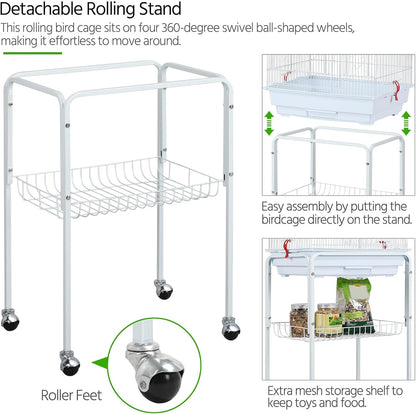 64-Inch Open Play Top Bird Cages for Parakeets Cockatiels Finches Lovebirds Canaries Conures Budgies Parrot Birdcage W/Detachable Rolling Stand, White
