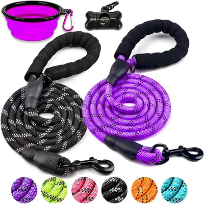 2 Pack Dog Leash 6 FT Thick Durable Nylon Rope - Comfortable Padded Handle - Highly Reflective Threads - Dog Leashes for Medium and Large Dogs with Collapsible Pet Bowl