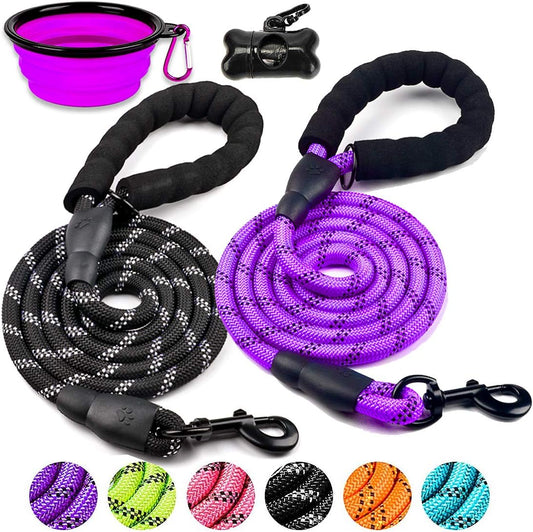 2 Pack Dog Leash 6 FT Thick Durable Nylon Rope - Comfortable Padded Handle - Highly Reflective Threads - Dog Leashes for Medium and Large Dogs with Collapsible Pet Bowl