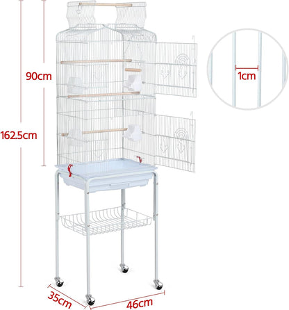 64-Inch Open Play Top Bird Cages for Parakeets Cockatiels Finches Lovebirds Canaries Conures Budgies Parrot Birdcage W/Detachable Rolling Stand, White