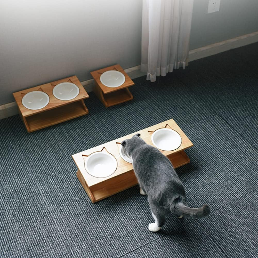 Cat Bowls Pet Dining Table with Raised Slope Wooden Stand Elevated Pet Bowls with Oblique Stand for More Comfortable Eating for Cats, Dogs, Kitten and Puppy (Double Bowl, Ceramics)