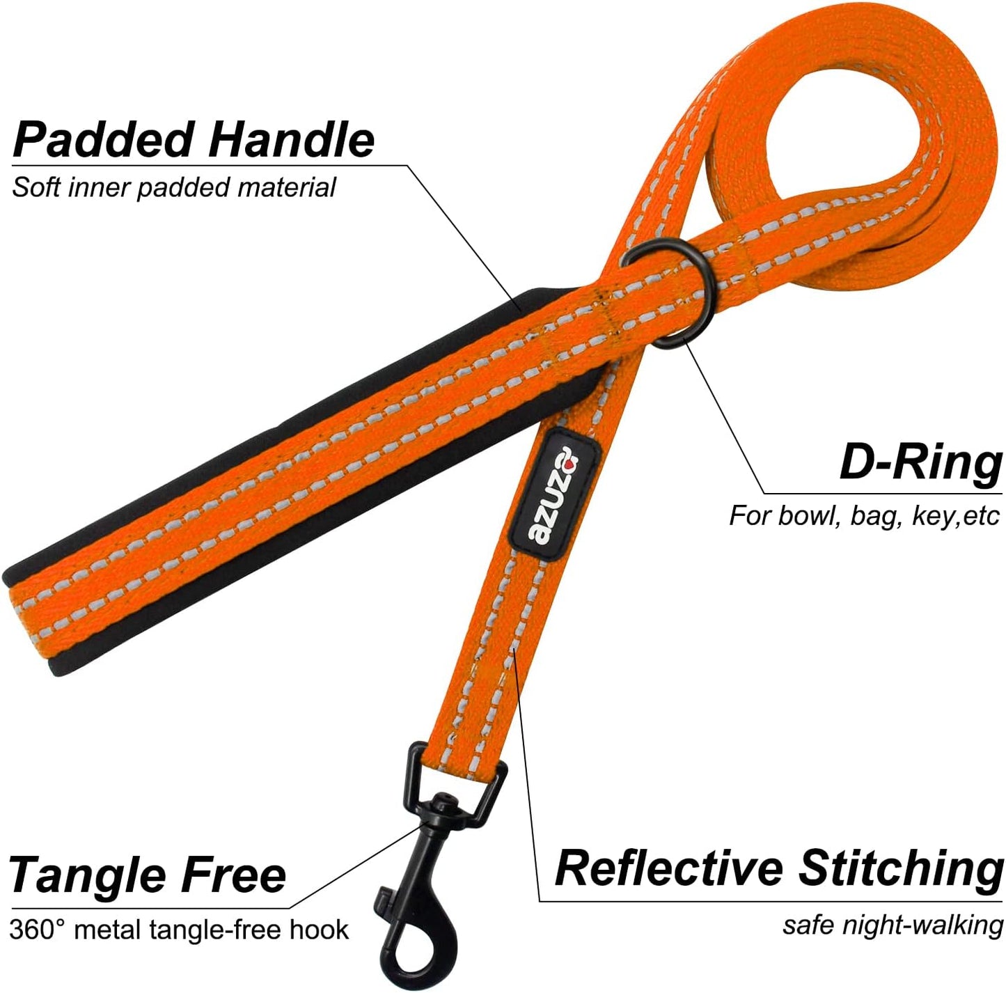Durable Padded Dog Leash and Collar Set,Reflective Strip Extra Safe and Comfy for Large Dogs, Orange