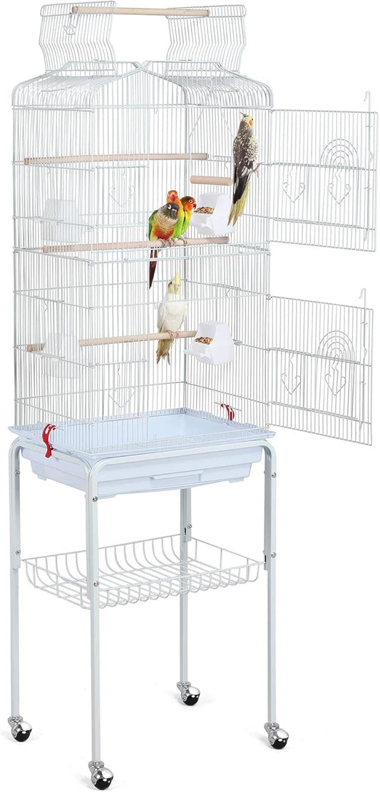 64-Inch Open Play Top Bird Cages for Parakeets Cockatiels Finches Lovebirds Canaries Conures Budgies Parrot Birdcage W/Detachable Rolling Stand, White