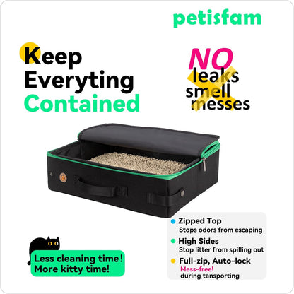 Portable Cat Travel Litter Box. No Leakage, Smell and Messes. One-Handed Carrying for Road Trip, Hotel Stays, Car and Airplane