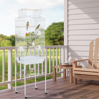 64-Inch Open Play Top Bird Cages for Parakeets Cockatiels Finches Lovebirds Canaries Conures Budgies Parrot Birdcage W/Detachable Rolling Stand, White