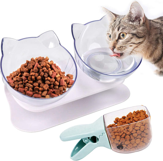 Cat Bowls,15°Tilted Cat Food Bowl Double Cat Dishes, Cat Feeder Cat Feeding Bowl Raised with Stand, Cat Food Water Bowl for Cats and Small Dog