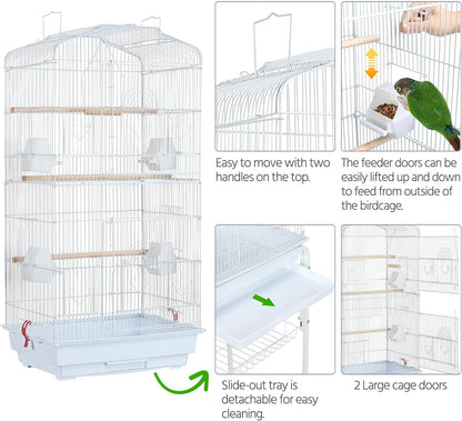 64-Inch Open Play Top Bird Cages for Parakeets Cockatiels Finches Lovebirds Canaries Conures Budgies Parrot Birdcage W/Detachable Rolling Stand, White
