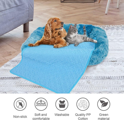 2 in 1 Rectangle Pet Bed and Cooling Mat Soft Long Plush Cat Bed Dog Bed and Ice Pad for Small, Medium, Large Dogs/Cats, Suitable for All Seasons Blue L