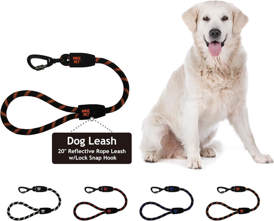 Kruz Short Traffic Leash - KZROPE5020-S8L - Soft Silicone Grip - Click & Lock Snap - Heavy-Duty Reflective Dog Rope for Security, Safety and Control - Walking, Running, Training - Orange - 1/2" X 20"