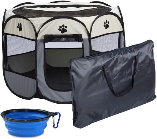 Pet Playpen, Foldable Dog Playpen, Portable Dog Pen, Octagon Puppy Playpen Indoor, Exercise Kennel Dog Tent for Dogs/Cats/Rabbits + Free Carrying Case + Free Travel Bowl (Beige+Grey, S)