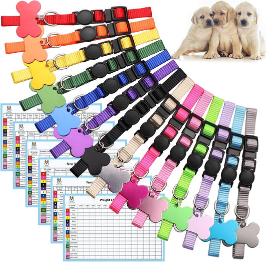 14 PCS Puppy Collars for Litter with ID Tags Puppy ID Collars Whelping Puppy Collars Safety Buckle Soft Nylon Breakaway Collars with 6 Record Keeping Charts Bone Tags(S), Multicolored