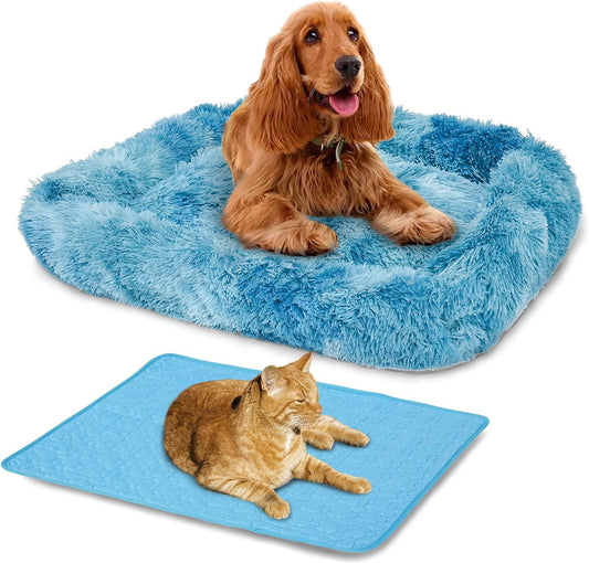2 in 1 Rectangle Pet Bed and Cooling Mat Soft Long Plush Cat Bed Dog Bed and Ice Pad for Small, Medium, Large Dogs/Cats, Suitable for All Seasons Blue L