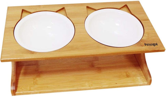 Cat Bowls Pet Dining Table with Raised Slope Wooden Stand Elevated Pet Bowls with Oblique Stand for More Comfortable Eating for Cats, Dogs, Kitten and Puppy (Double Bowl, Ceramics)