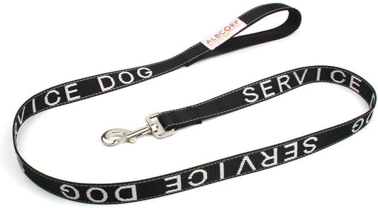 Service Dog Leash - Embroidered- with Padded Neoprene Handle and Reflective Threads, 4 Feet, for Harnesses, Vests or Collars, Black