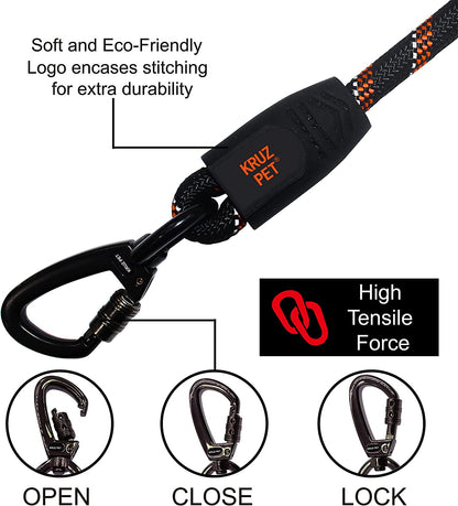 Kruz Short Traffic Leash - KZROPE5020-S8L - Soft Silicone Grip - Click & Lock Snap - Heavy-Duty Reflective Dog Rope for Security, Safety and Control - Walking, Running, Training - Orange - 1/2" X 20"