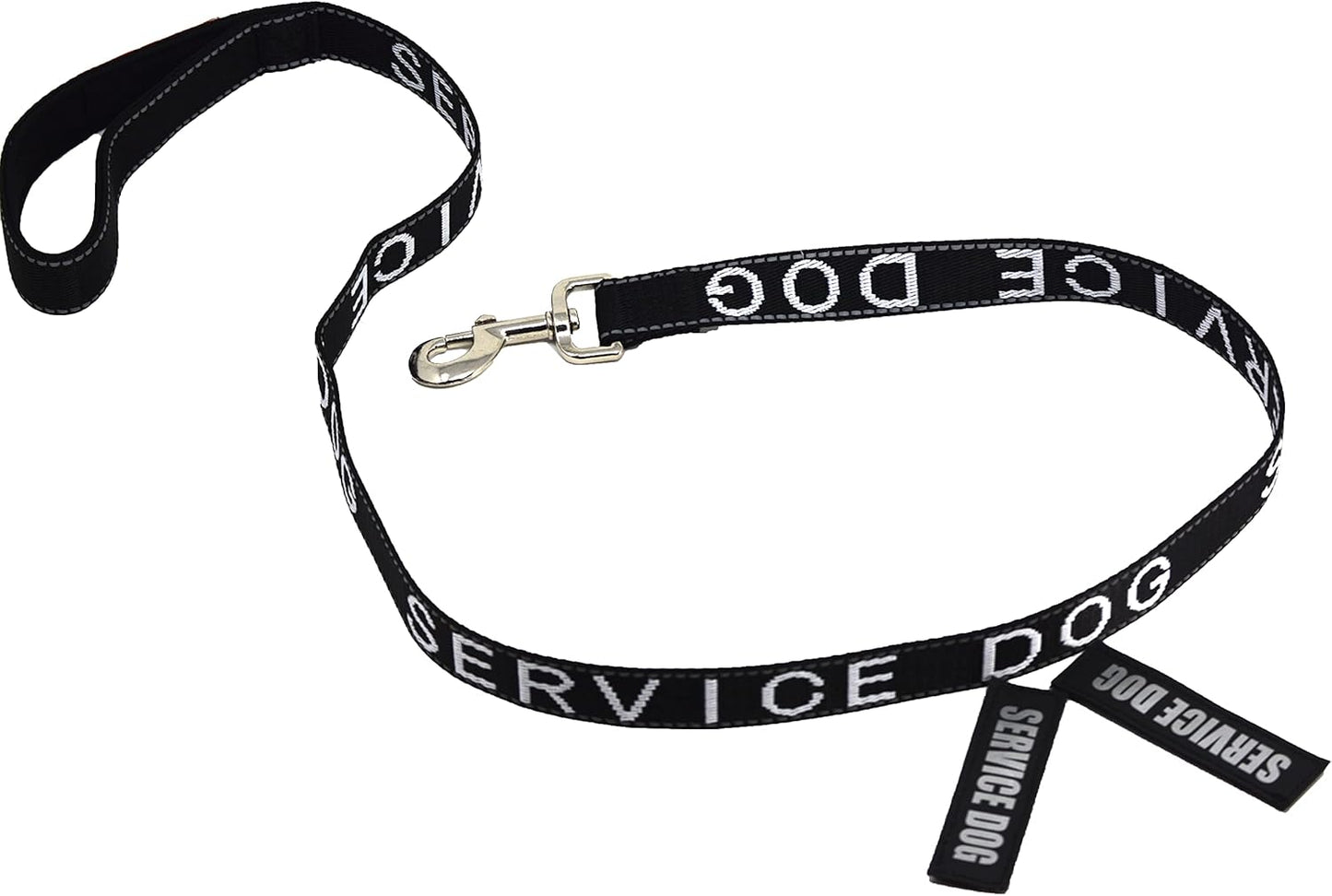Service Dog Leash - Embroidered- with Padded Neoprene Handle and Reflective Threads, 4 Feet, for Harnesses, Vests or Collars, Black