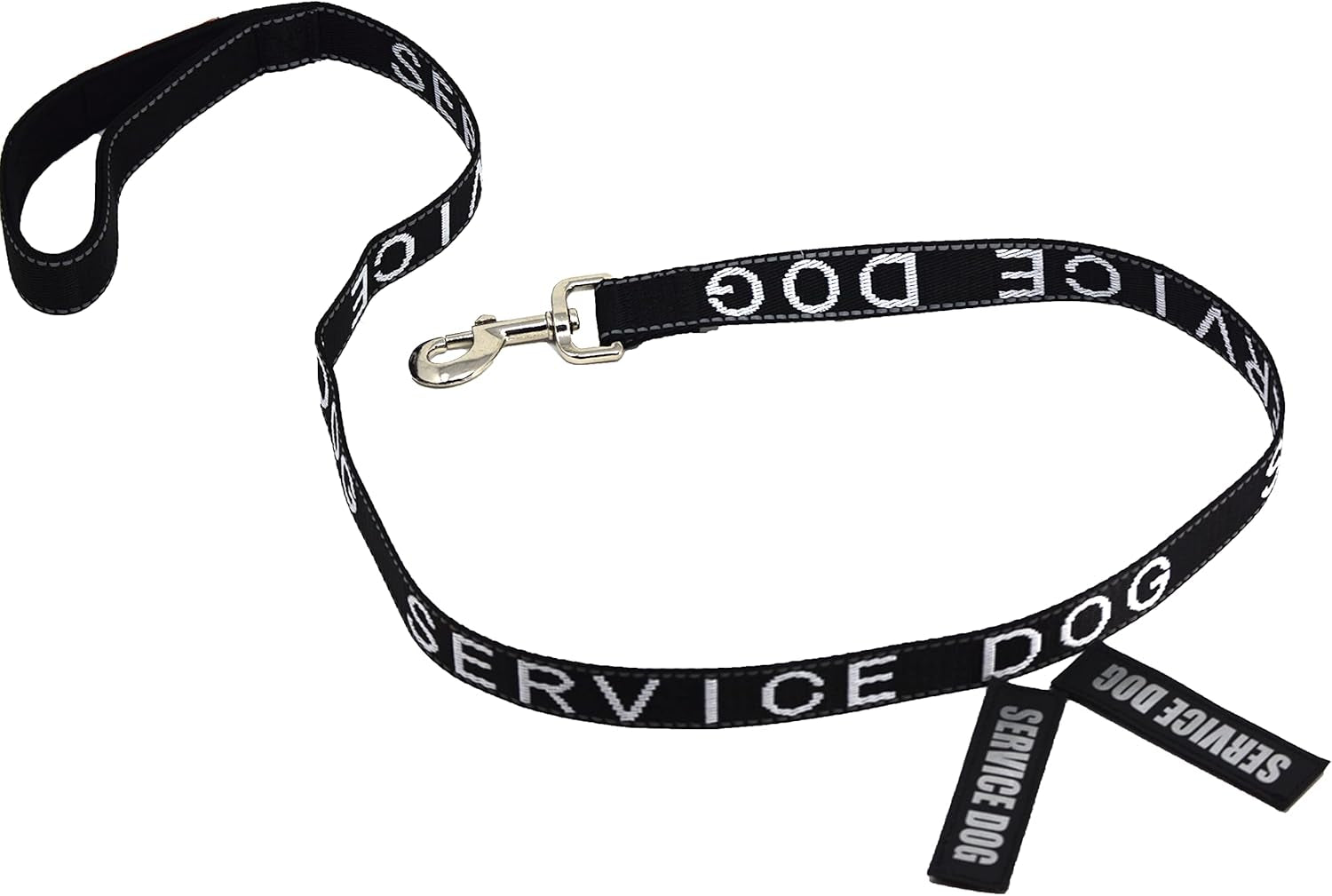 Service Dog Leash - Embroidered- with Padded Neoprene Handle and Reflective Threads, 4 Feet, for Harnesses, Vests or Collars, Black