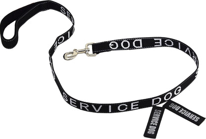 Service Dog Leash - Embroidered- with Padded Neoprene Handle and Reflective Threads, 4 Feet, for Harnesses, Vests or Collars, Black
