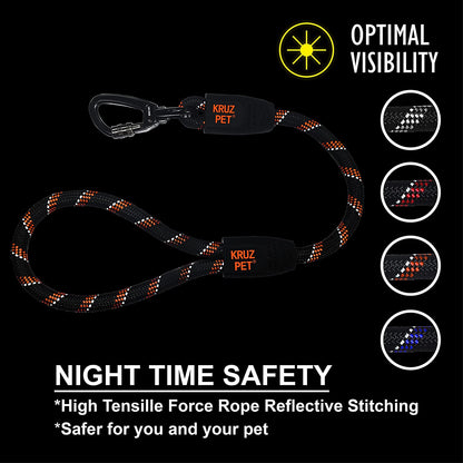 Kruz Short Traffic Leash - KZROPE5020-S8L - Soft Silicone Grip - Click & Lock Snap - Heavy-Duty Reflective Dog Rope for Security, Safety and Control - Walking, Running, Training - Orange - 1/2" X 20"