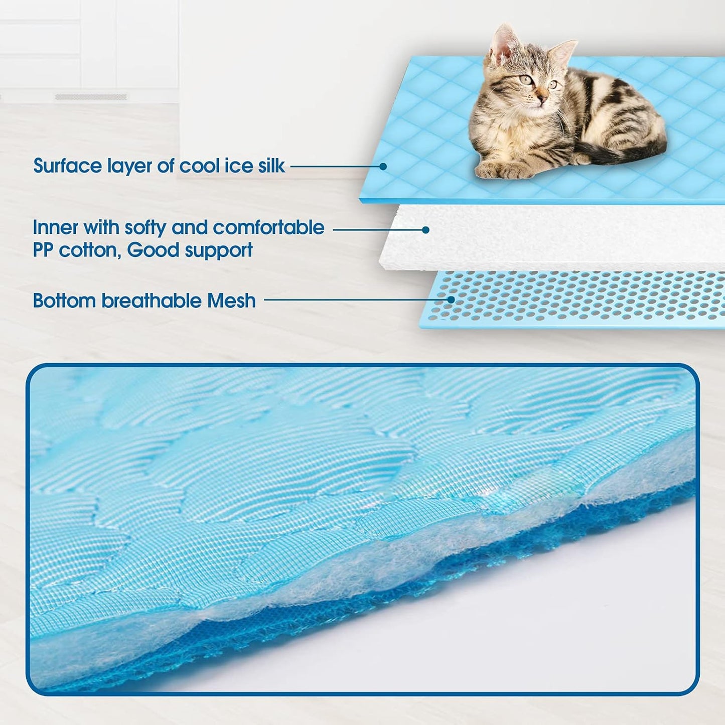 2 in 1 Rectangle Pet Bed and Cooling Mat Soft Long Plush Cat Bed Dog Bed and Ice Pad for Small, Medium, Large Dogs/Cats, Suitable for All Seasons Blue L