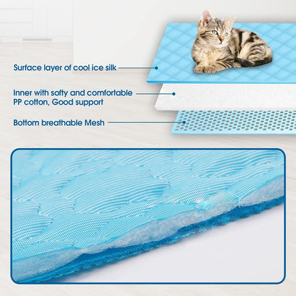 2 in 1 Rectangle Pet Bed and Cooling Mat Soft Long Plush Cat Bed Dog Bed and Ice Pad for Small, Medium, Large Dogs/Cats, Suitable for All Seasons Blue L
