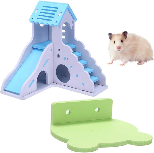 Hamster Hideout Colorful Mini Wooden Slide DIY Assemble Hamster House with Wooden Hamster Platform Bracket Springboard Toy for Mouse, Chinchilla, Rat, Gerbil and Dwarf Hamster (Pack of 2) (Blue)